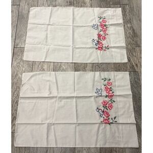 Vintage Kmart embroidered pillowcase Two Standard Fit Blue‎ Birds Floral Cottage